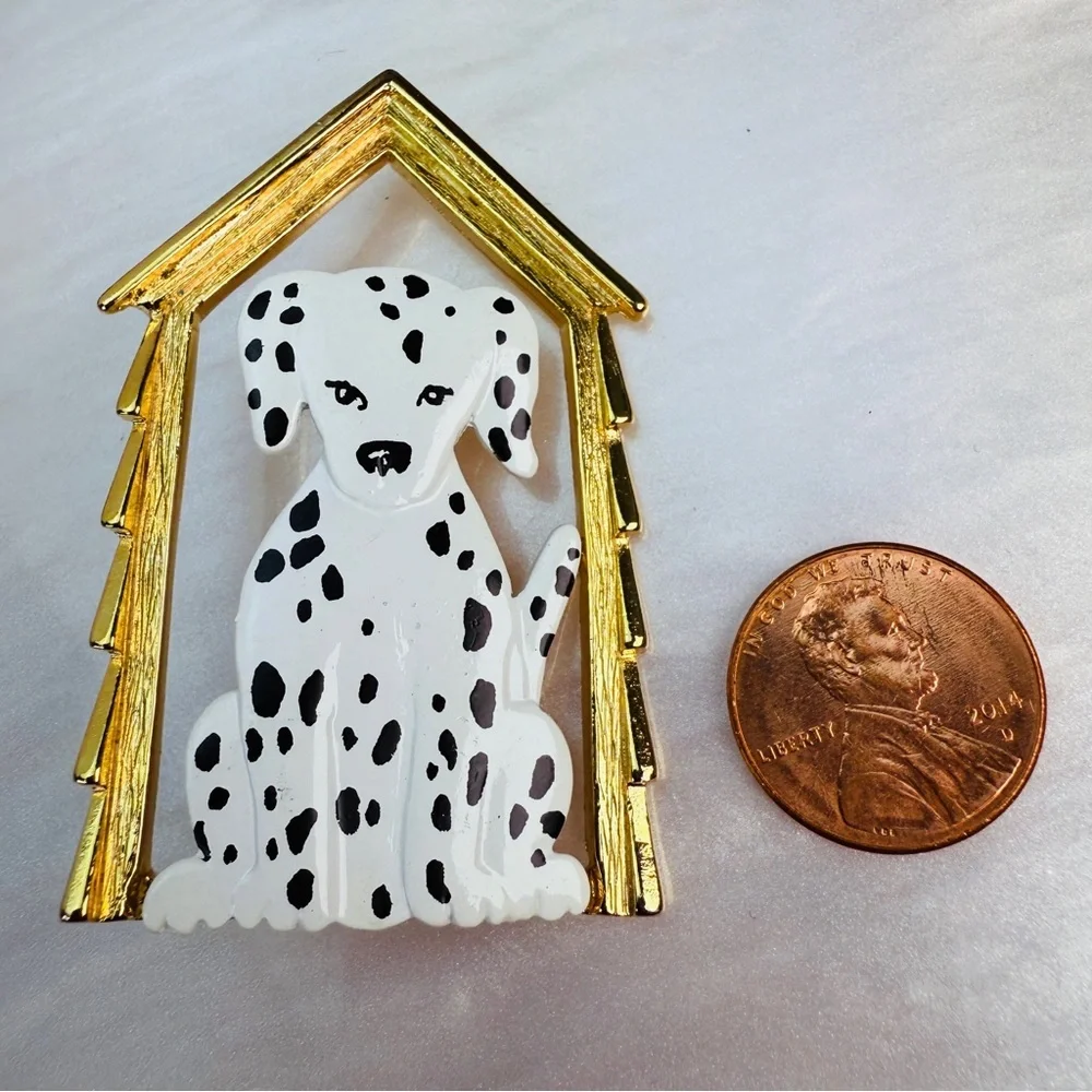 Signed JJ Dalmatian Dog in Doghouse Gold Tone Brooch Pin White Black Enamel